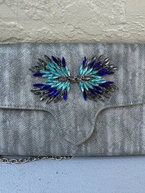Gianni Bini Silver Metallic Snakeskin Clutch – Jeweled Rhinestone